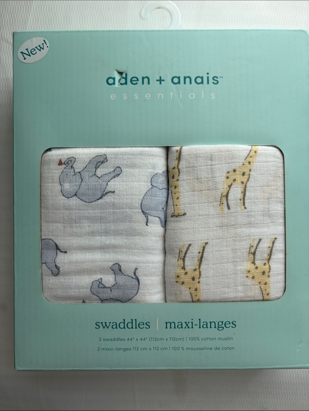 aden + anais Essentials Swaddle Set - Gray Elephants & Yellow Giraffes NIP